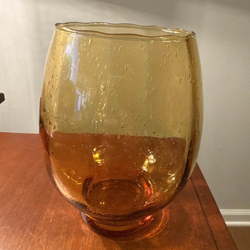 Vintage Handmade Polish Amber Bubble Glass Vase 7"